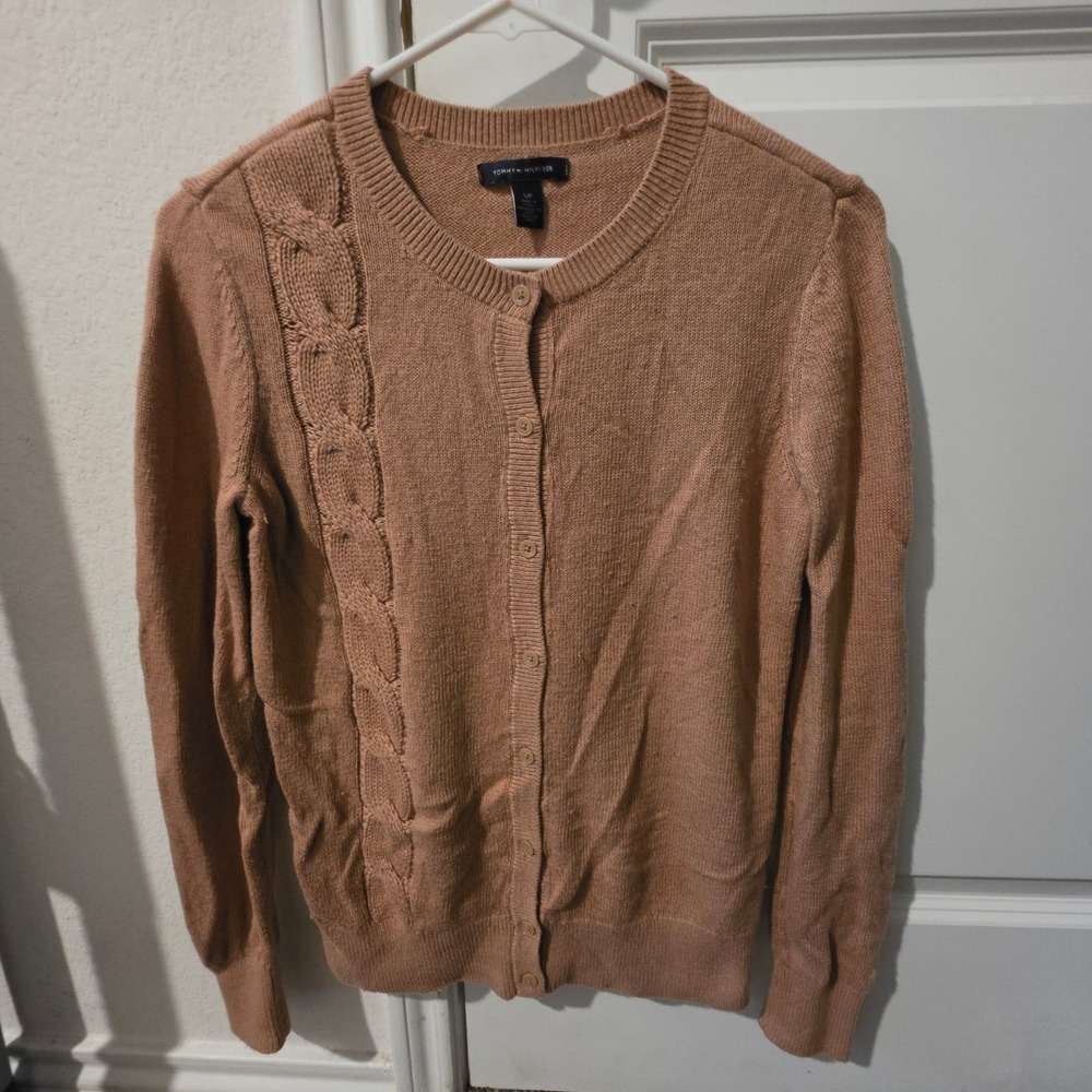 Tommy Hilfiger Womens Tan Cable Knit Button Front Crew Neck Cardigan Sweater S - Picture 2 of 6